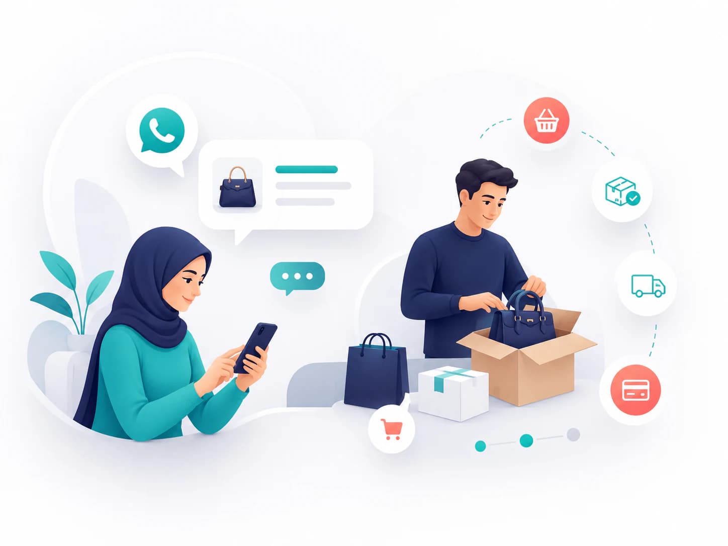 مشهد يوضح تنظيم طلبات التجارة الإلكترونية من رسائل العملاء حتى الدفع والتوصيل