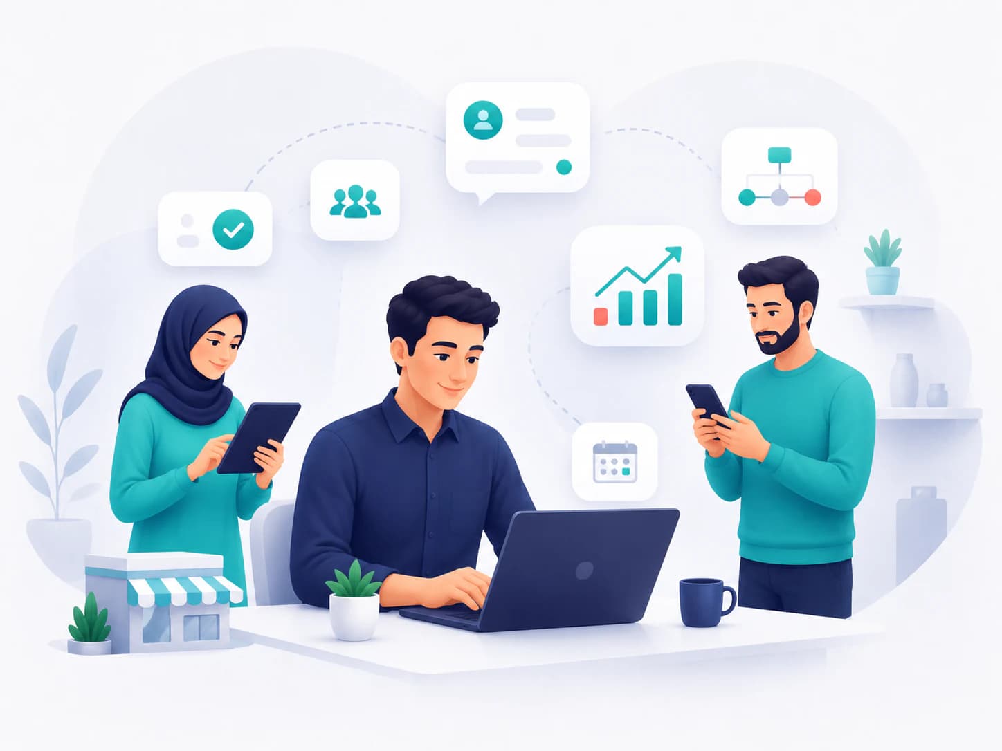 فريق صغير يتابع المبيعات والنمو وتنظيم العملاء عبر لوحة عمل موحدة