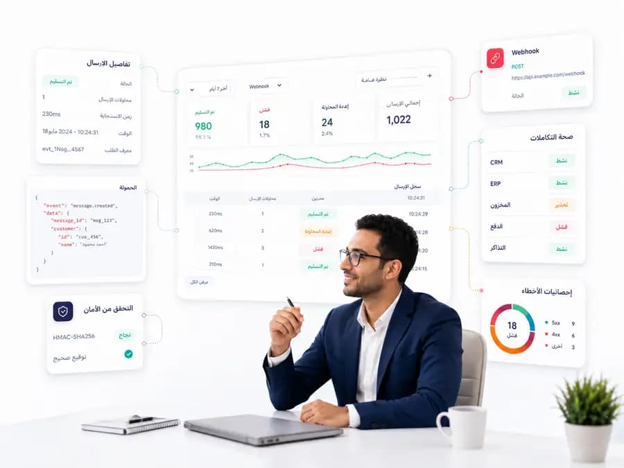 لوحة مراقبة Webhook تعرض إجمالي الإرسال والنجاح والفشل وإعادة المحاولة وسجل التسليم