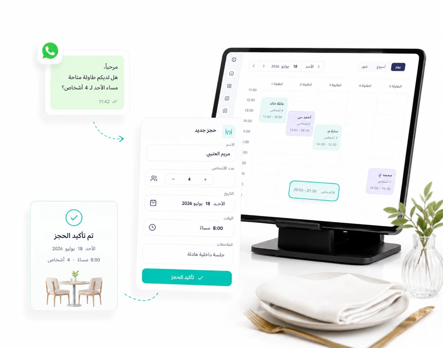 تأكيد حجز طاولة وربط الحجز بتقويم المطعم
